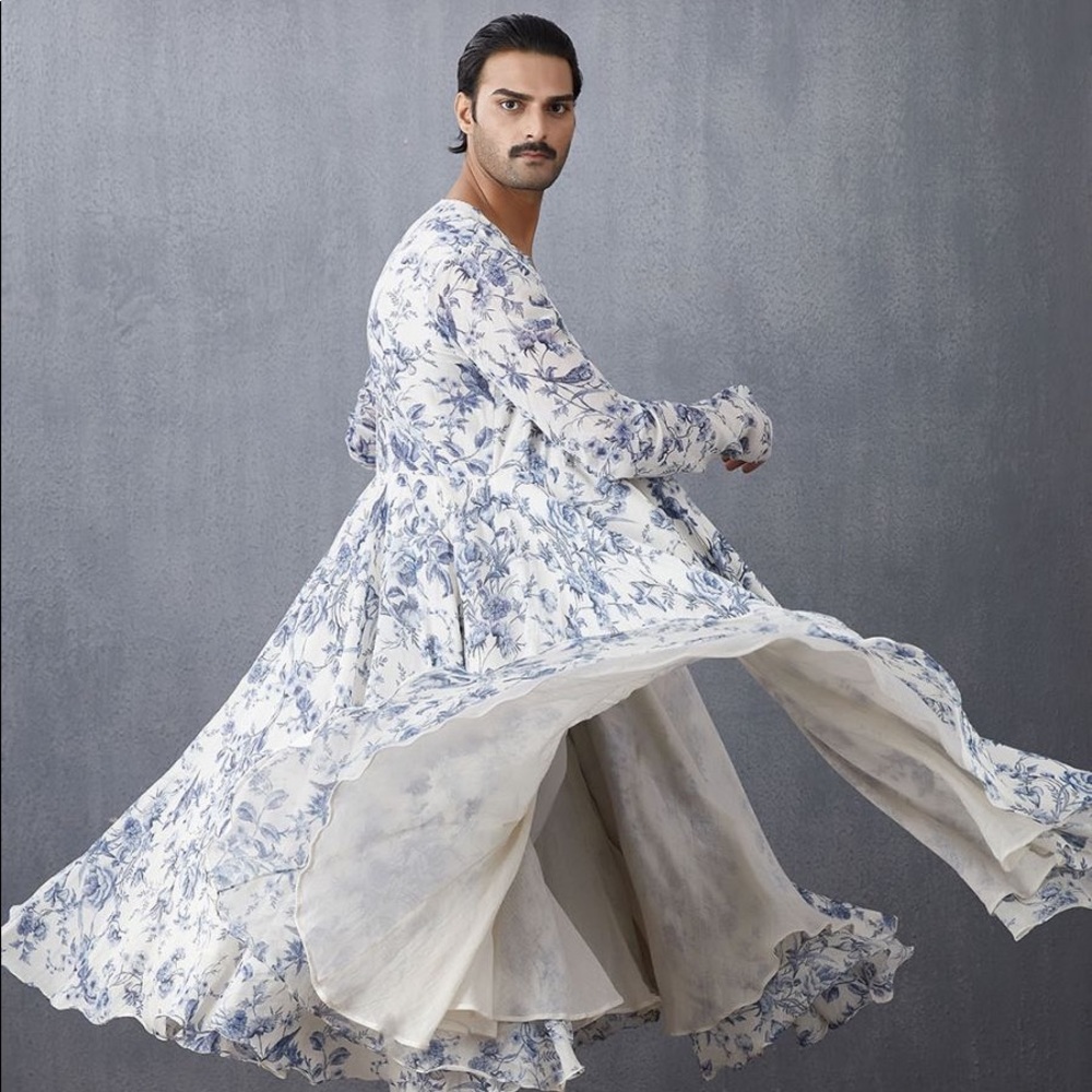 Blue chanderi silk chintz anghraka flared Kurta side tie